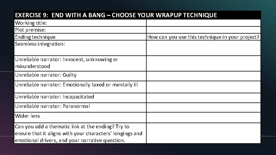 EXERCISE 9: END WITH A BANG – CHOOSE YOUR WRAPUP TECHNIQUE Working title: Plot