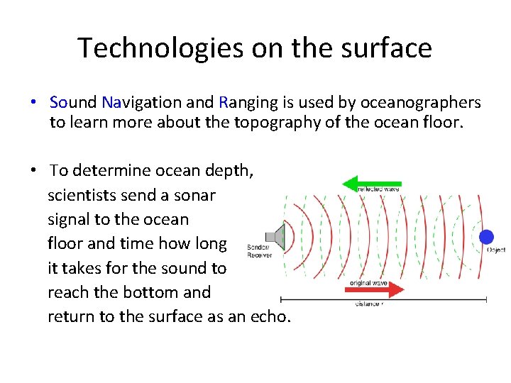 Technologies on the surface • Sound Navigation and Ranging is used by oceanographers to