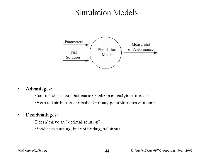 Simulation Models • Advantages: – Can include factors that cause problems in analytical models.