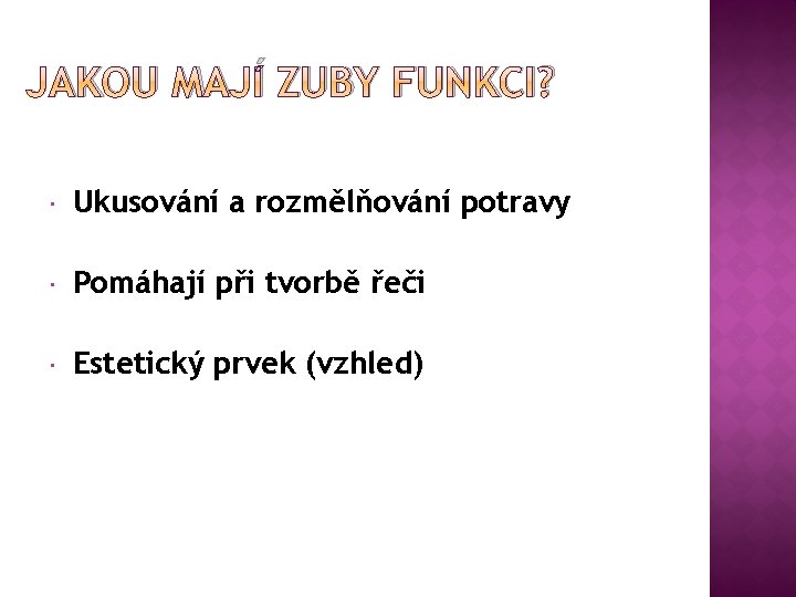 JAKOU MAJÍ ZUBY FUNKCI? Ukusování a rozmělňování potravy Pomáhají při tvorbě řeči Estetický prvek