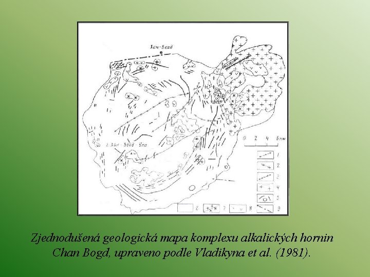 Zjednodušená geologická mapa komplexu alkalických hornin Chan Bogd, upraveno podle Vladikyna et al. (1981).
