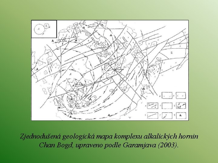 Zjednodušená geologická mapa komplexu alkalických hornin Chan Bogd, upraveno podle Garamjava (2003). 