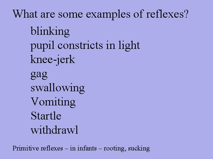 What are some examples of reflexes? blinking pupil constricts in light knee-jerk gag swallowing