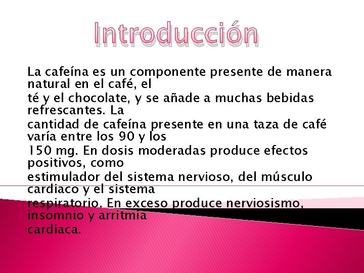 Introducción La cafeína es un componente presente de manera natural en el café, el Introducción La cafeína es un componente presente de manera natural en el café, el