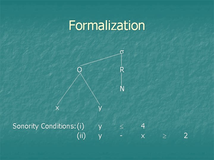 Formalization O R N x Sonority Conditions: (i) (ii) y y y - 4