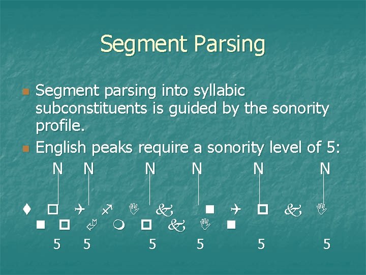 Segment Parsing n n Segment parsing into syllabic subconstituents is guided by the sonority