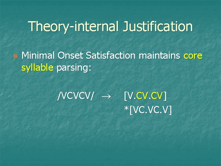 Theory-internal Justification n Minimal Onset Satisfaction maintains core syllable parsing: /VCVCV/ [V. CV] *[VC.