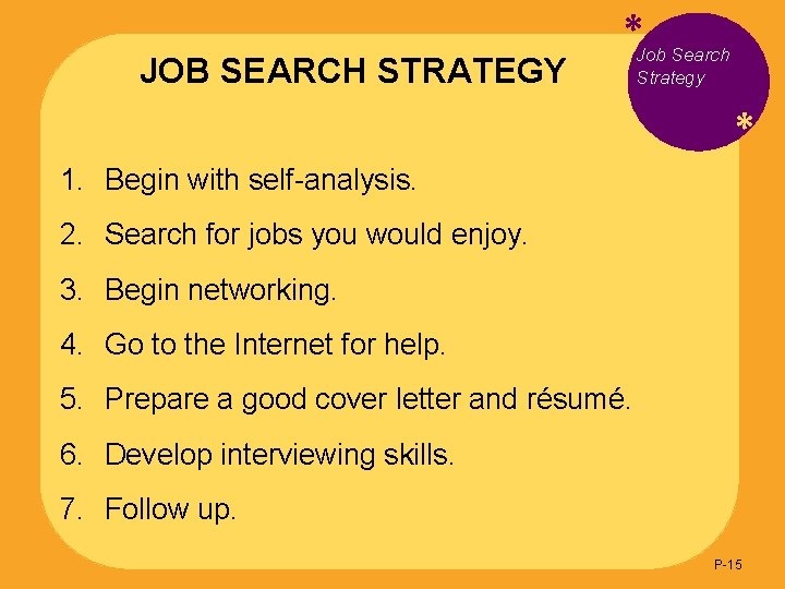 JOB SEARCH STRATEGY *Job Search Strategy * 1. Begin with self-analysis. 2. Search for