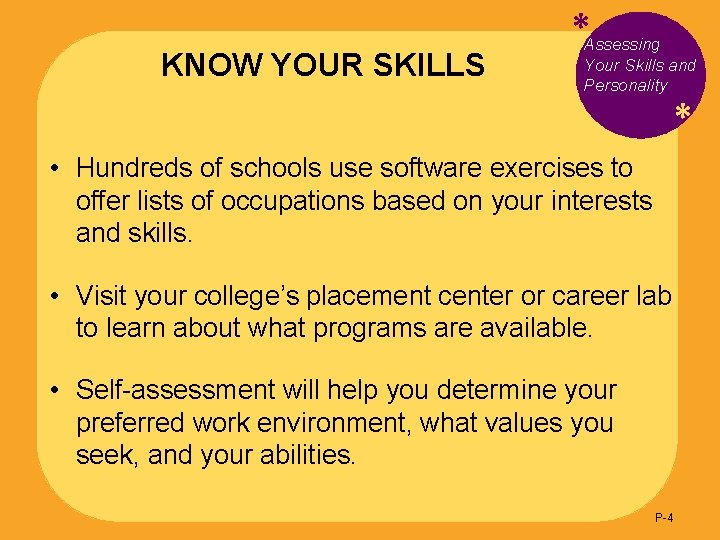 KNOW YOUR SKILLS *Assessing Your Skills and Personality * • Hundreds of schools use