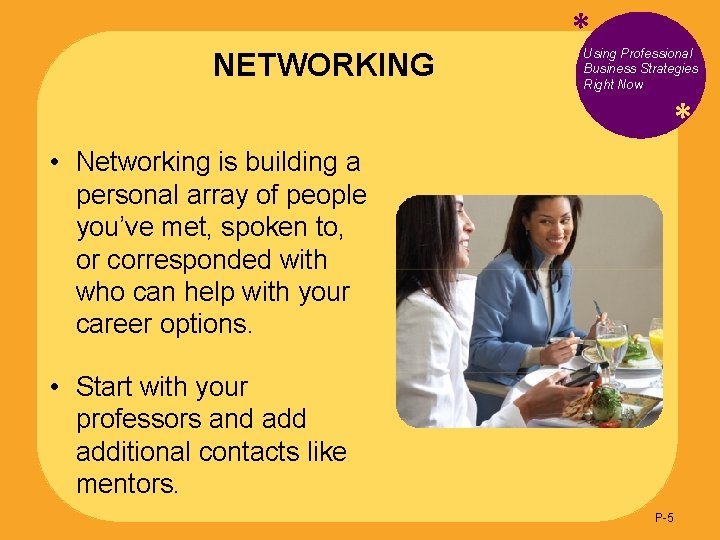 NETWORKING * Using Professional Business Strategies Right Now * • Networking is building a