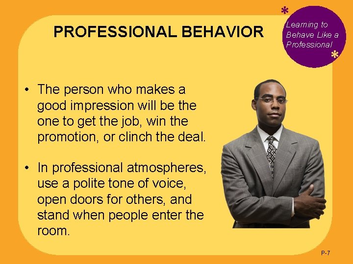PROFESSIONAL BEHAVIOR *Learning to Behave Like a Professional * • The person who makes