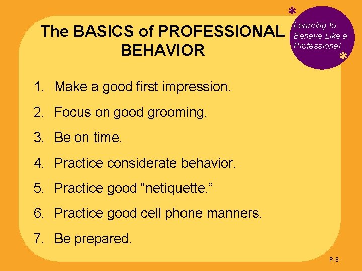 The BASICS of PROFESSIONAL BEHAVIOR *Learning to Behave Like a Professional * 1. Make