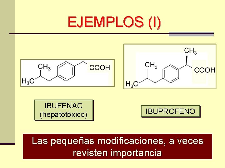 EJEMPLOS (I) IBUFENAC (hepatotóxico) IBUPROFENO Las pequeñas modificaciones, a veces revisten importancia 