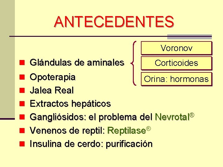 ANTECEDENTES Voronov n Glándulas de aminales n Opoterapia Corticoides Orina: hormonas n Jalea Real