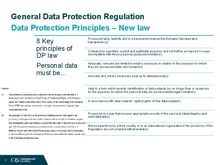 General Data Protection Regulation Data Protection Principles – New law 8 Key principles of