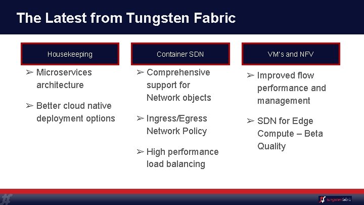 The Latest from Tungsten Fabric Housekeeping ➢ Microservices architecture ➢ Better cloud native deployment