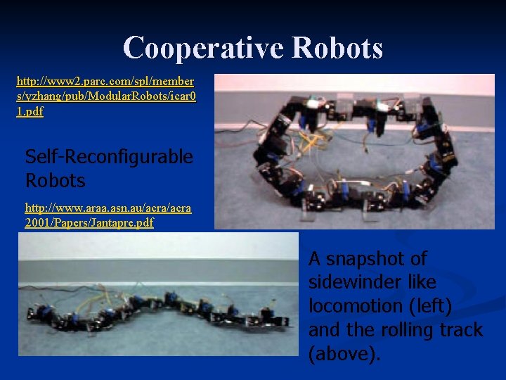 Cooperative Robots http: //www 2. parc. com/spl/member s/yzhang/pub/Modular. Robots/icar 0 1. pdf Self-Reconfigurable Robots Cooperative Robots http: //www 2. parc. com/spl/member s/yzhang/pub/Modular. Robots/icar 0 1. pdf Self-Reconfigurable Robots