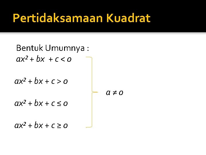 Pertidaksamaan Kuadrat Bentuk Umumnya : ax² + bx + c < 0 ax² +