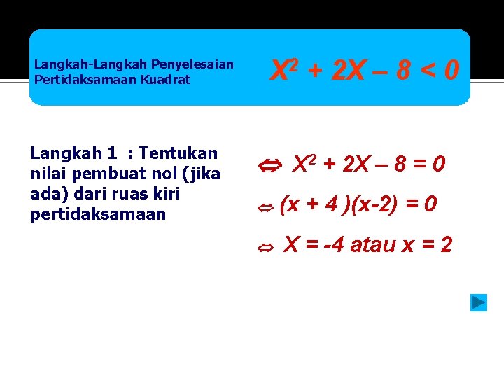 Langkah-Langkah Penyelesaian Pertidaksamaan Kuadrat Langkah 1 : Tentukan nilai pembuat nol (jika ada) dari