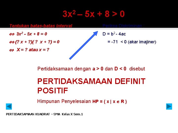 3 x 2 – 5 x + 8 > 0 Tentukan batas-batas interval Periksa