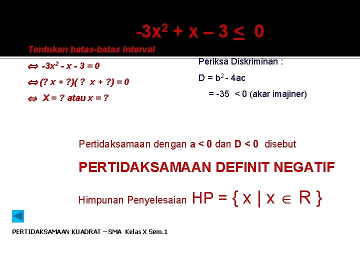 -3 x 2 + x – 3 < 0 Tentukan batas-batas interval -3 x