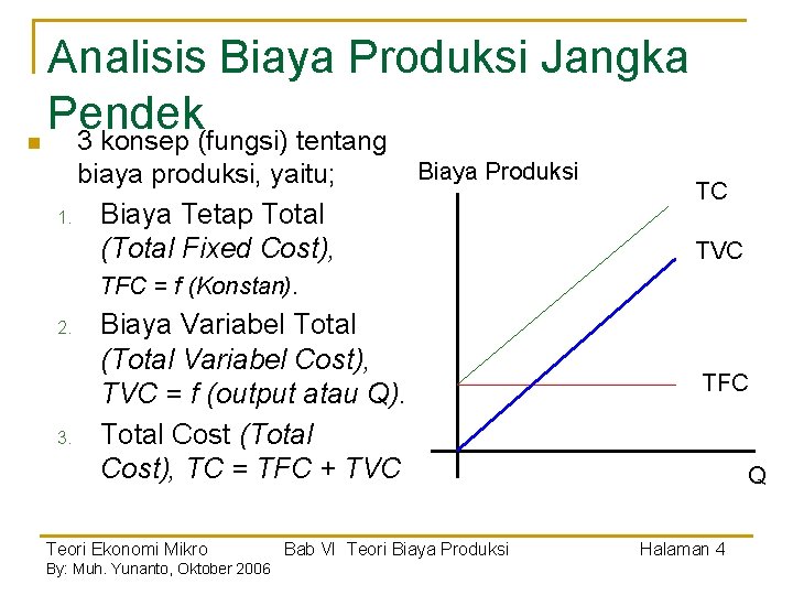 n Analisis Biaya Produksi Jangka Pendek 3 konsep (fungsi) tentang biaya produksi, yaitu; 1.