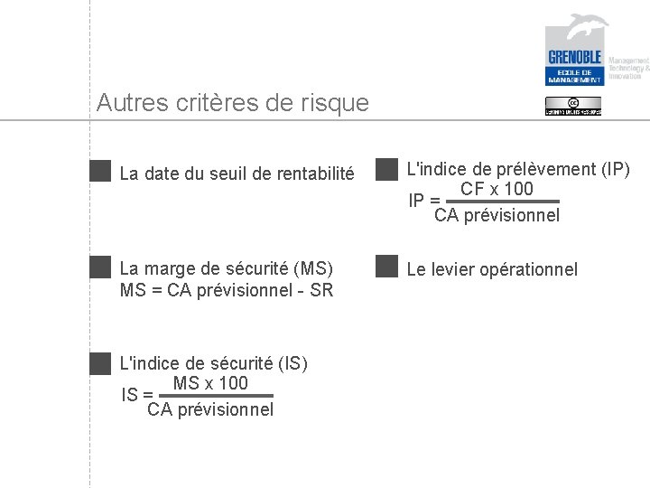 Autres critères de risque La date du seuil de rentabilité L'indice de prélèvement (IP)