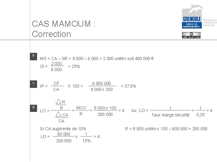 CAS MAMOUM : Correction 6 7 8 MS = CA – SR = 8