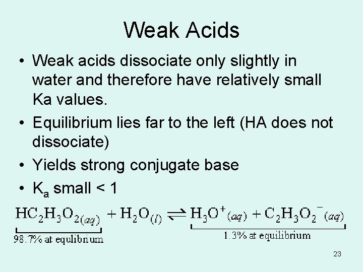 Weak Acids • Weak acids dissociate only slightly in water and therefore have relatively