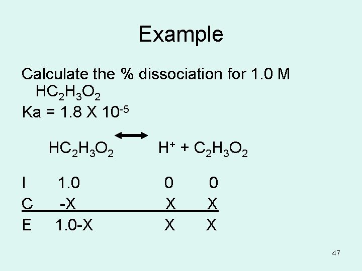 Example Calculate the % dissociation for 1. 0 M HC 2 H 3 O