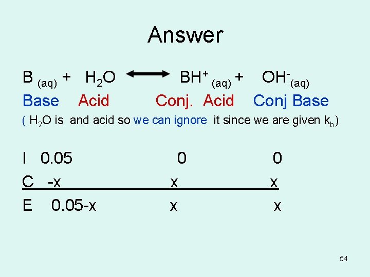 Answer B (aq) + H 2 O BH+ (aq) + OH-(aq) Base Acid Conj.