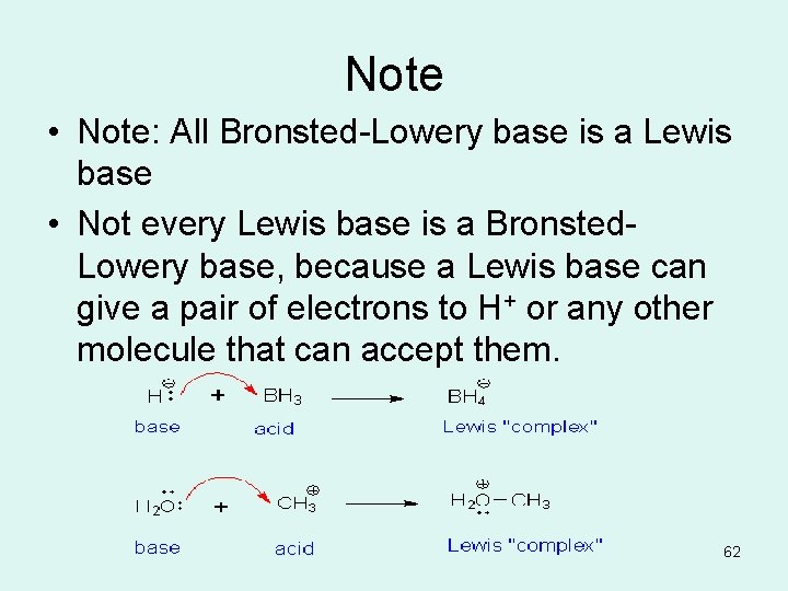 Note • Note: All Bronsted-Lowery base is a Lewis base • Not every Lewis
