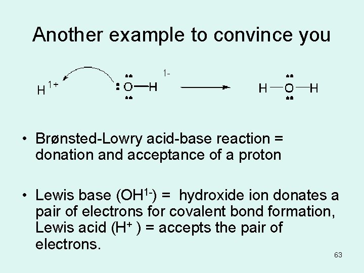 Another example to convince you • Brønsted-Lowry acid-base reaction = donation and acceptance of