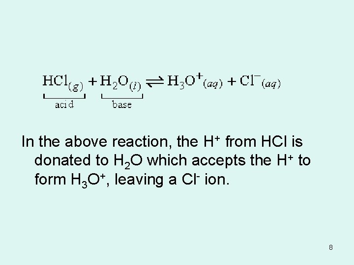 In the above reaction, the H+ from HCl is donated to H 2 O