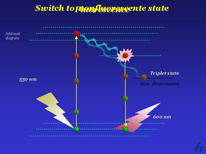 Switch to nonfluorescente state Fluorescence Jablonski diagram Triplet state 550 nm Non fluorescent 600