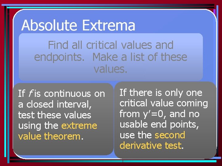 Absolute Extrema Find all critical values and endpoints. Make a list of these values.