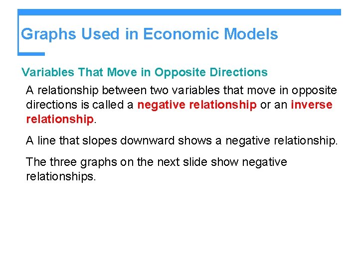 Graphs Used in Economic Models Variables That Move in Opposite Directions A relationship between