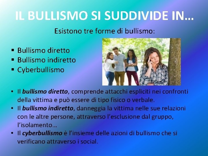 IL BULLISMO SI SUDDIVIDE IN… Esistono tre forme di bullismo: § Bullismo diretto §