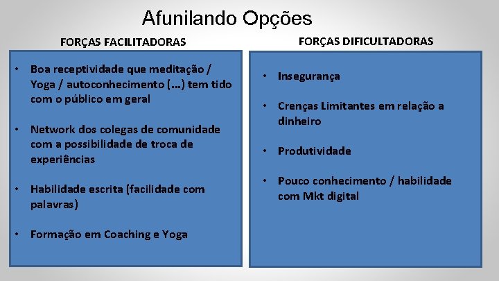 Afunilando Opções FORÇAS FACILITADORAS • Boa receptividade que meditação / Yoga / autoconhecimento (.