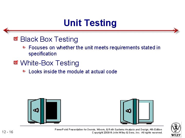 Unit Testing Black Box Testing Focuses on whether the unit meets requirements stated in