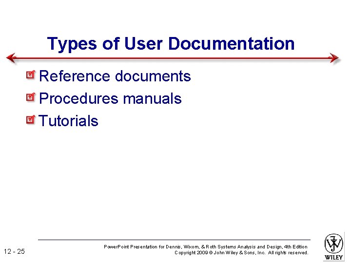 Types of User Documentation Reference documents Procedures manuals Tutorials 12 - 25 Power. Point