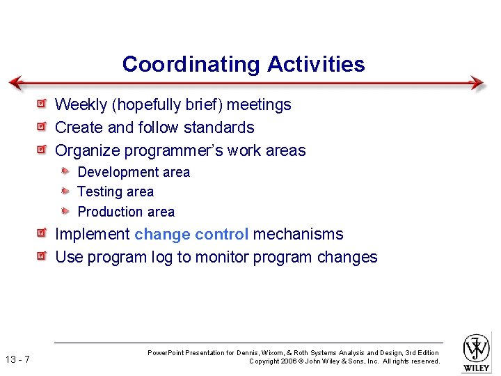 Coordinating Activities Weekly (hopefully brief) meetings Create and follow standards Organize programmer’s work areas