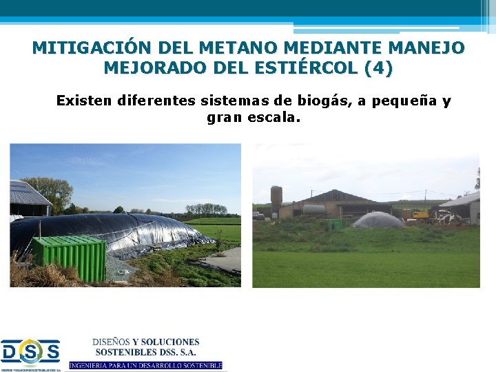 MITIGACIÓN DEL METANO MEDIANTE MANEJO MEJORADO DEL ESTIÉRCOL (4) Existen diferentes sistemas de biogás,