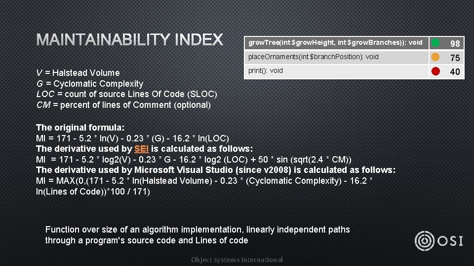 MAINTAINABILITY INDEX V = Halstead Volume G = Cyclomatic Complexity LOC = count of
