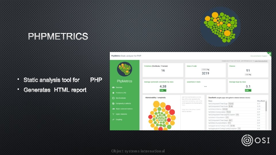 PHPMETRICS • STATIC ANALYSIS TOOL FOR PHP • GENERATES HTML REPORT Object systems international