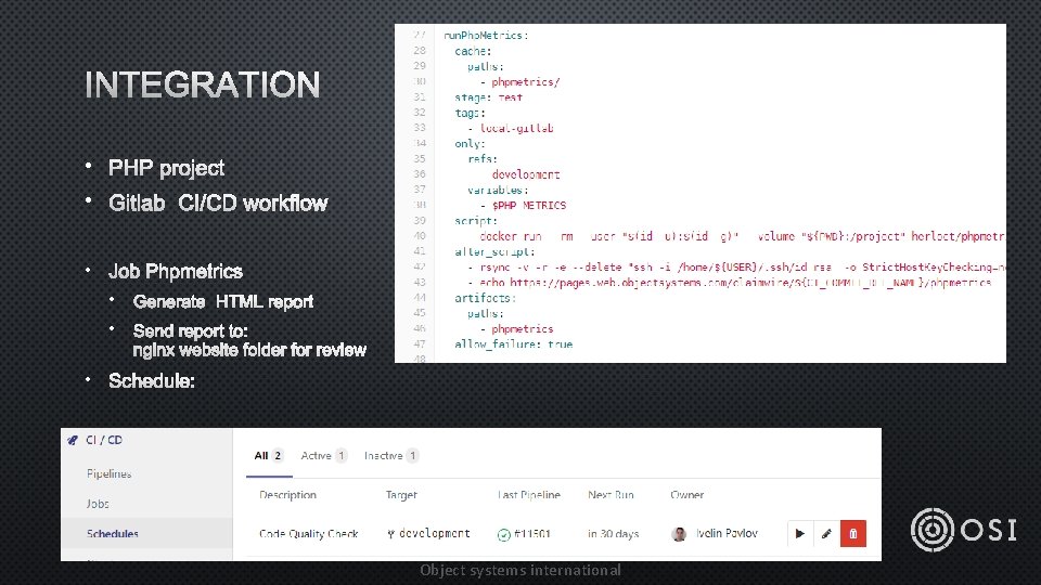INTEGRATION • PHP PROJECT • GITLAB CI/CD WORKFLOW • JOB PHPMETRICS • GENERATE HTML