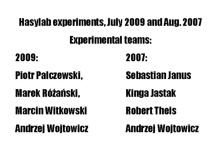 Hasylab experiments, July 2009 and Aug. 2007 Experimental teams: 2009: 2007: Piotr Palczewski, Sebastian