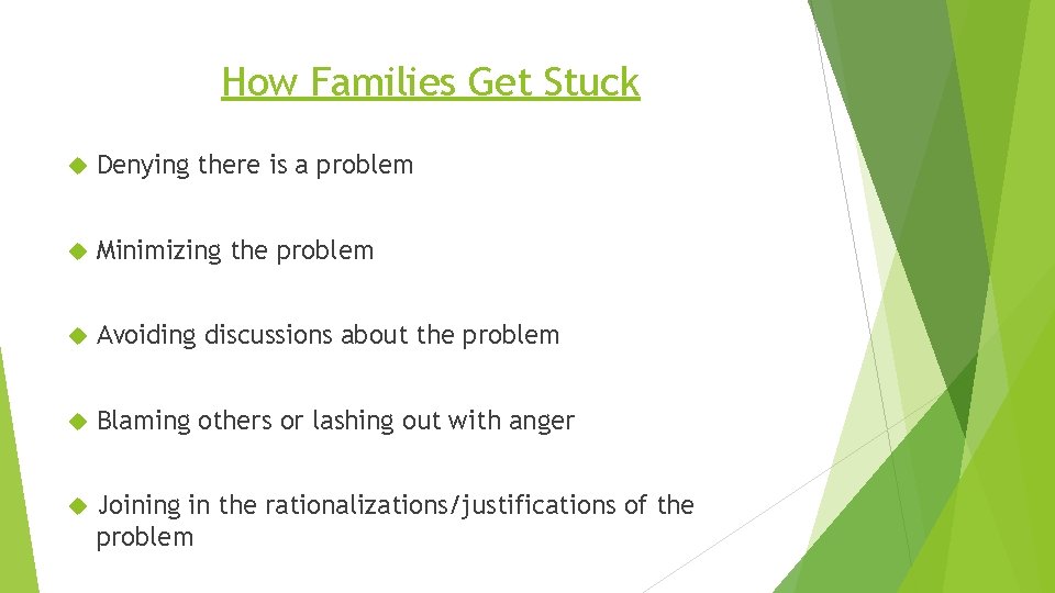 How Families Get Stuck Denying there is a problem Minimizing the problem Avoiding discussions