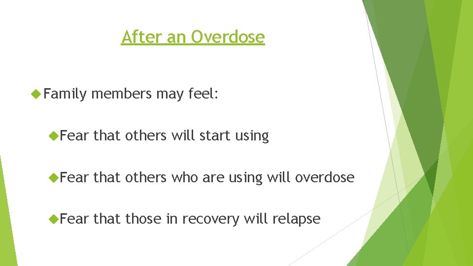 After an Overdose Family members may feel: Fear that others will start using Fear