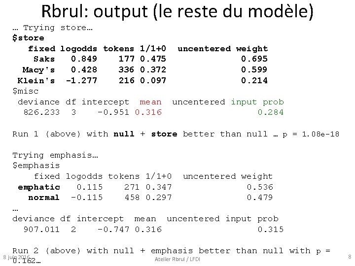 Rbrul: output (le reste du modèle) … Trying store… $store fixed logodds tokens 1/1+0